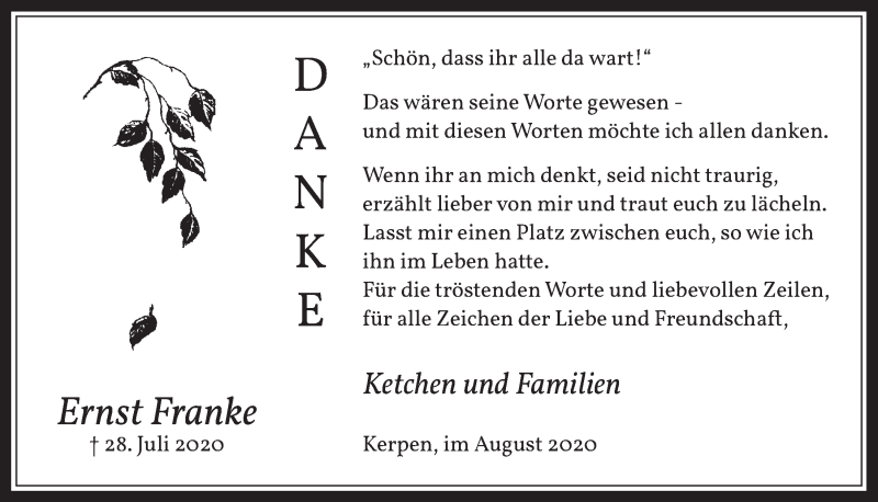  Traueranzeige für Ernst Franke vom 28.08.2020 aus  Werbepost 