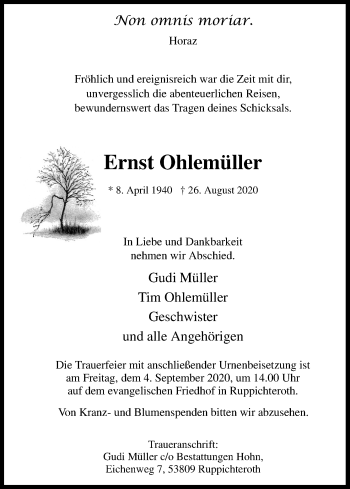 Anzeige von Ernst Ohlemüller von Kölner Stadt-Anzeiger / Kölnische Rundschau / Express
