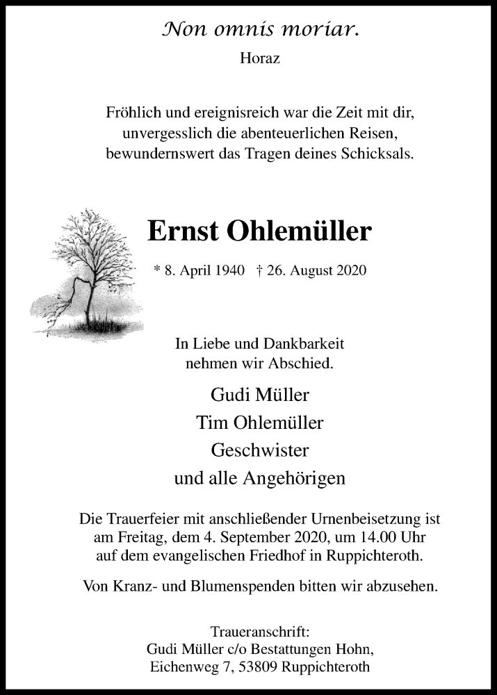  Traueranzeige für Ernst Ohlemüller vom 29.08.2020 aus Kölner Stadt-Anzeiger / Kölnische Rundschau / Express