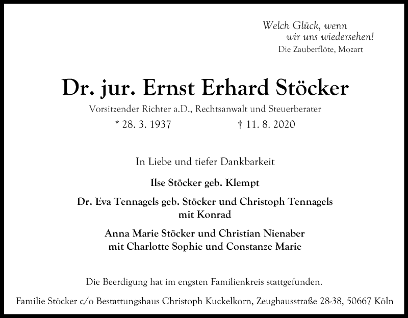  Traueranzeige für Ernst Erhard Stöcker vom 22.08.2020 aus Kölner Stadt-Anzeiger / Kölnische Rundschau / Express