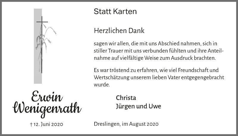  Traueranzeige für Erwin Wenigenrath vom 28.08.2020 aus  Lokalanzeiger 