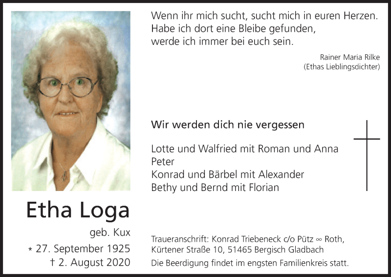  Traueranzeige für Etha Loga vom 15.08.2020 aus Kölner Stadt-Anzeiger / Kölnische Rundschau / Express