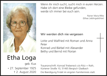 Anzeige von Etha Loga von  Bergisches Handelsblatt 