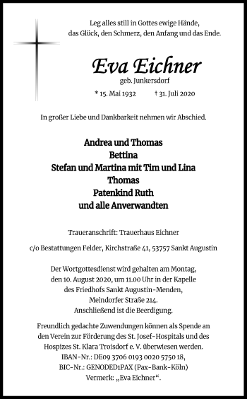 Anzeige von Eva Eichner von Kölner Stadt-Anzeiger / Kölnische Rundschau / Express