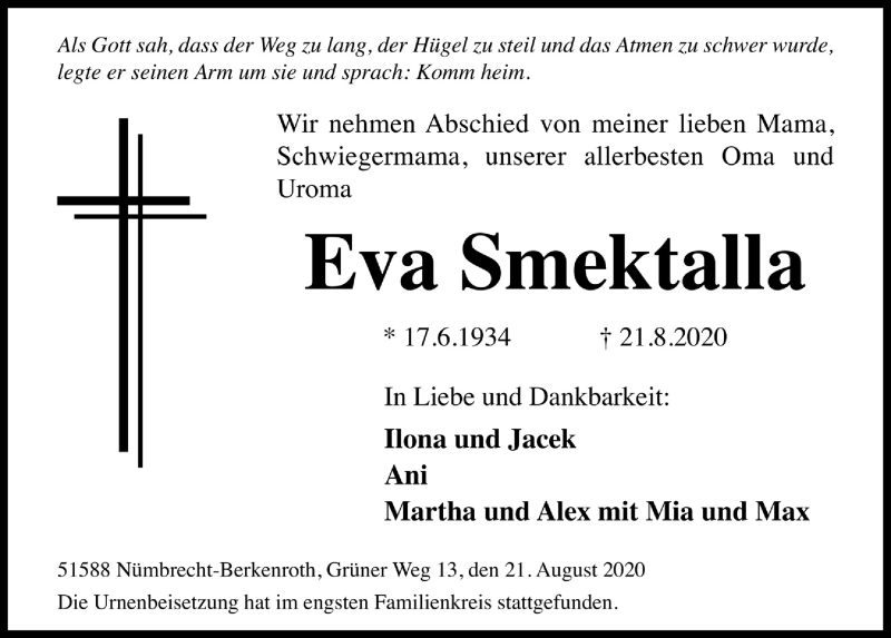  Traueranzeige für Eva Smektalla vom 28.08.2020 aus  Lokalanzeiger 