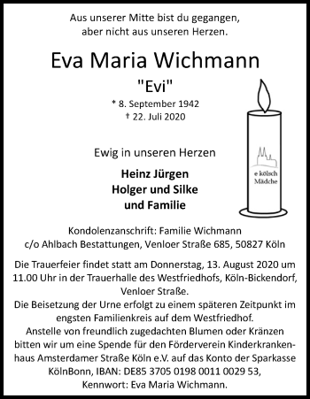 Anzeige von Eva Maria Wichmann von Kölner Stadt-Anzeiger / Kölnische Rundschau / Express