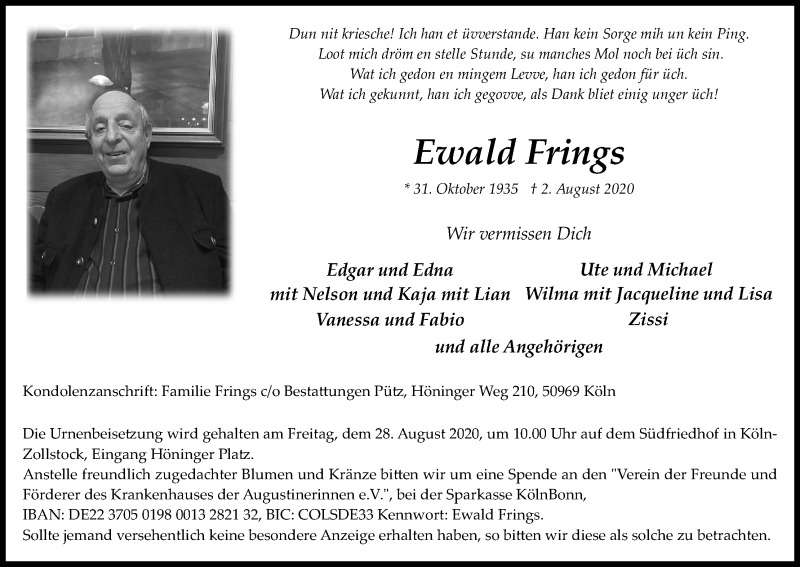  Traueranzeige für Ewald Frings vom 15.08.2020 aus Kölner Stadt-Anzeiger / Kölnische Rundschau / Express