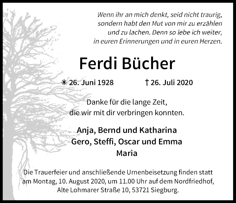  Traueranzeige für Ferdi Bücher vom 06.08.2020 aus Kölner Stadt-Anzeiger / Kölnische Rundschau / Express