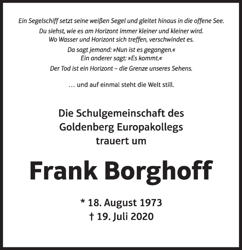  Traueranzeige für Frank Borghoff vom 07.08.2020 aus  Wochenende 