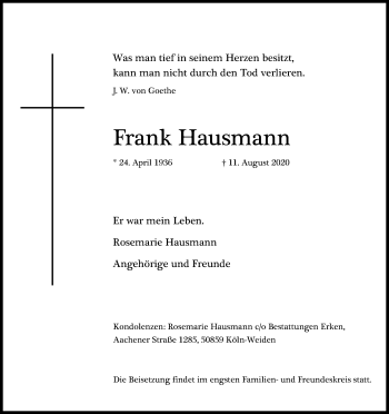 Anzeige von Frank Hausmann von Kölner Stadt-Anzeiger / Kölnische Rundschau / Express
