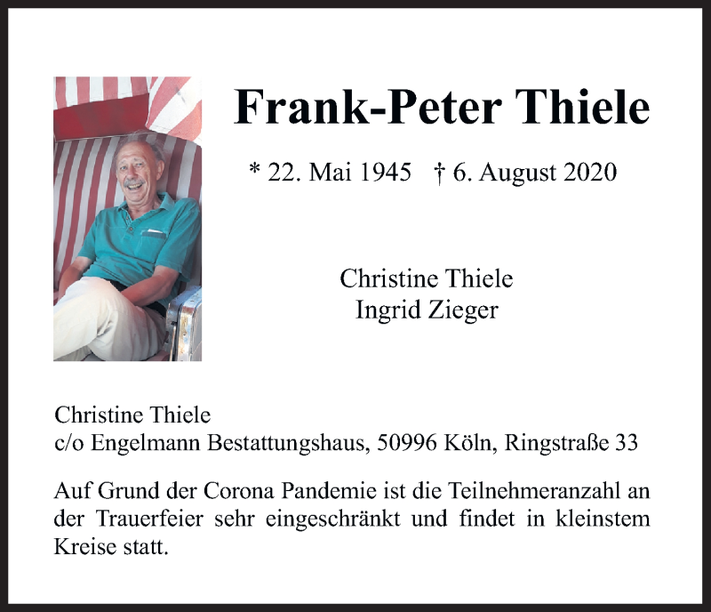  Traueranzeige für Frank-Peter Thiele vom 15.08.2020 aus Kölner Stadt-Anzeiger / Kölnische Rundschau / Express