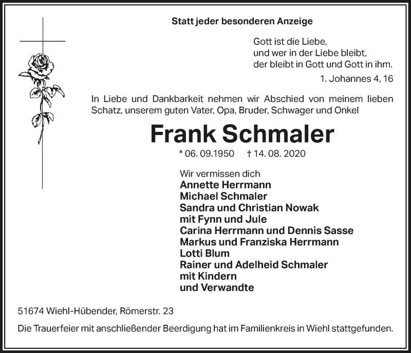  Traueranzeige für Frank Schmaler vom 21.08.2020 aus  Anzeigen Echo 