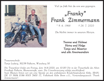 Anzeige von Frank Zimmermann von Kölner Stadt-Anzeiger / Kölnische Rundschau / Express