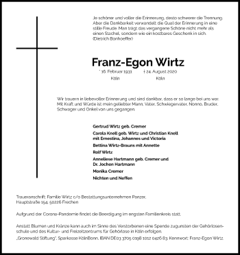 Anzeige von Franz-Egon Wirtz von Kölner Stadt-Anzeiger / Kölnische Rundschau / Express