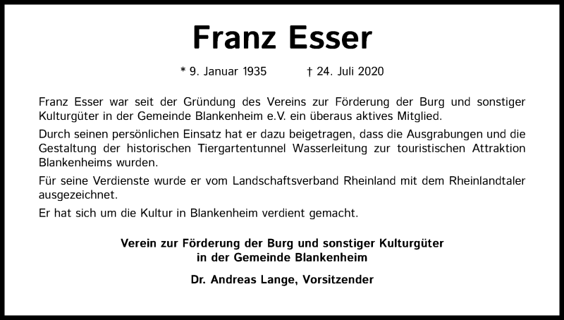  Traueranzeige für Franz Esser vom 01.08.2020 aus Kölner Stadt-Anzeiger / Kölnische Rundschau / Express