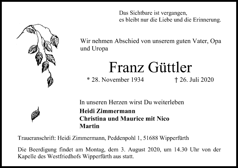  Traueranzeige für Franz Güttler vom 01.08.2020 aus Kölner Stadt-Anzeiger / Kölnische Rundschau / Express