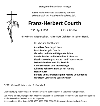 Anzeige von Franz-Herbert Courth von Kölner Stadt-Anzeiger / Kölnische Rundschau / Express