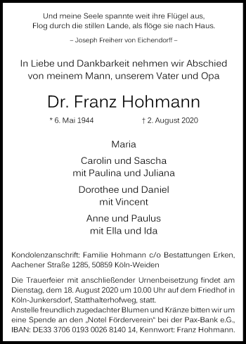 Anzeige von Franz Hohmann von Kölner Stadt-Anzeiger / Kölnische Rundschau / Express