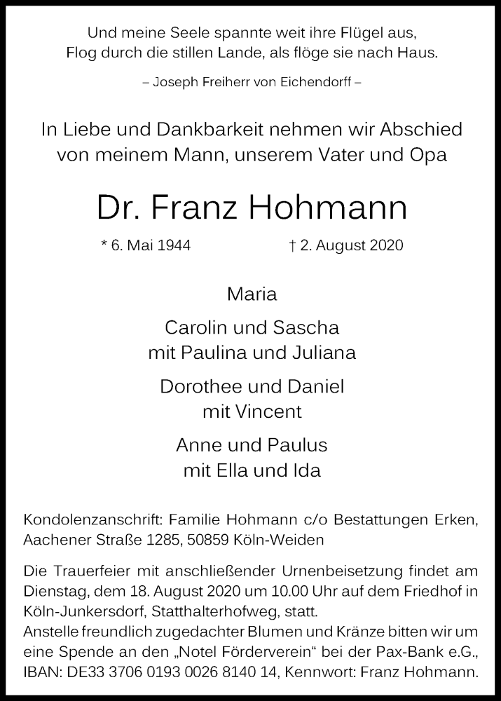  Traueranzeige für Franz Hohmann vom 15.08.2020 aus Kölner Stadt-Anzeiger / Kölnische Rundschau / Express