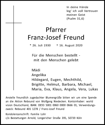 Anzeige von Franz-Josef Freund von Kölner Stadt-Anzeiger / Kölnische Rundschau / Express
