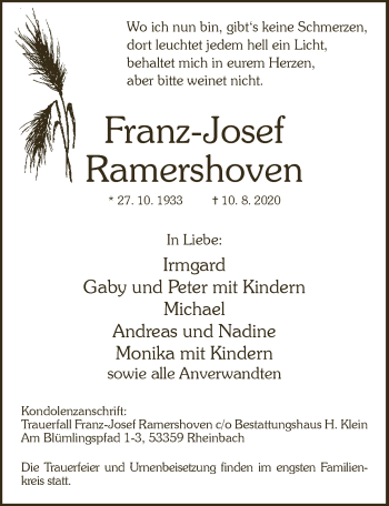Anzeige von Franz-Josef Ramershoven von  Schaufenster/Blickpunkt 