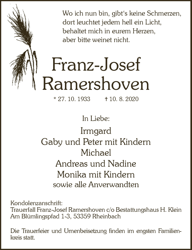  Traueranzeige für Franz-Josef Ramershoven vom 21.08.2020 aus  Schaufenster/Blickpunkt 