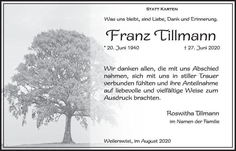  Traueranzeige für Franz Tillmann vom 08.08.2020 aus  Blickpunkt Euskirchen 
