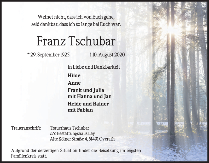  Traueranzeige für Franz Tschubar vom 15.08.2020 aus Kölner Stadt-Anzeiger / Kölnische Rundschau / Express