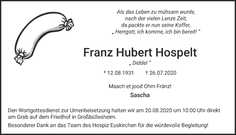  Traueranzeige für Franz Hubert Hospelt vom 15.08.2020 aus  Blickpunkt Euskirchen 
