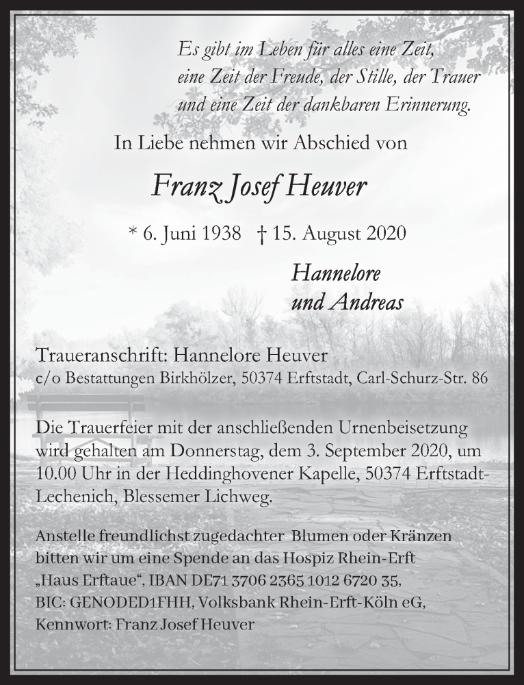  Traueranzeige für Franz Josef Heuver vom 28.08.2020 aus  Werbepost 