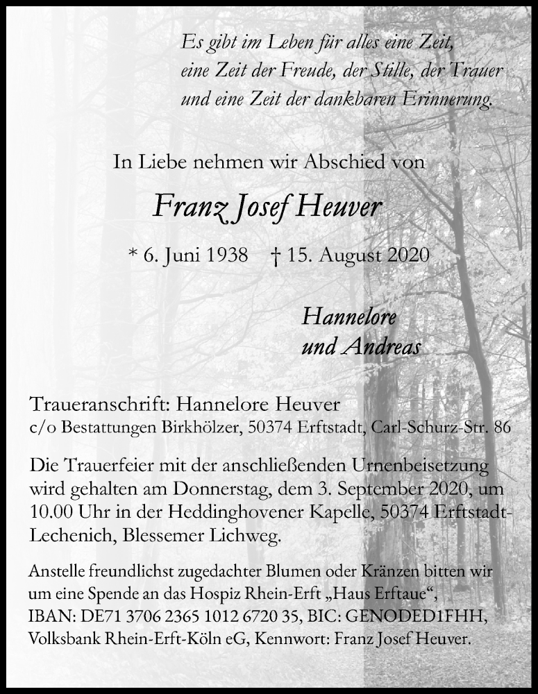  Traueranzeige für Franz Josef Heuver vom 29.08.2020 aus Kölner Stadt-Anzeiger / Kölnische Rundschau / Express