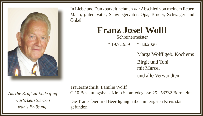  Traueranzeige für Franz Josef Wolff vom 14.08.2020 aus  Schaufenster/Blickpunkt 