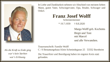Anzeige von Franz Josef Wolff von  Schaufenster/Blickpunkt 
