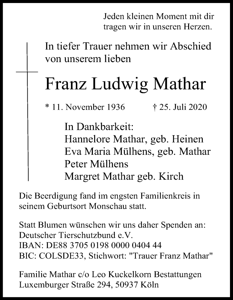  Traueranzeige für Franz Ludwig Mathar vom 01.08.2020 aus Kölner Stadt-Anzeiger / Kölnische Rundschau / Express