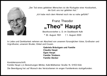 Anzeige von Franz Theodor Haupt von Kölner Stadt-Anzeiger / Kölnische Rundschau / Express