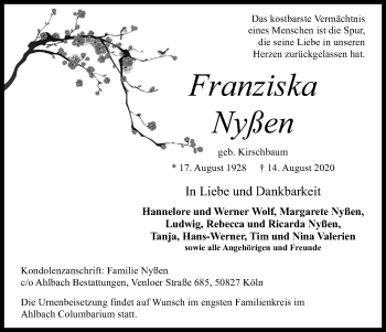 Anzeige von Franziska Nyßen von Kölner Stadt-Anzeiger / Kölnische Rundschau / Express