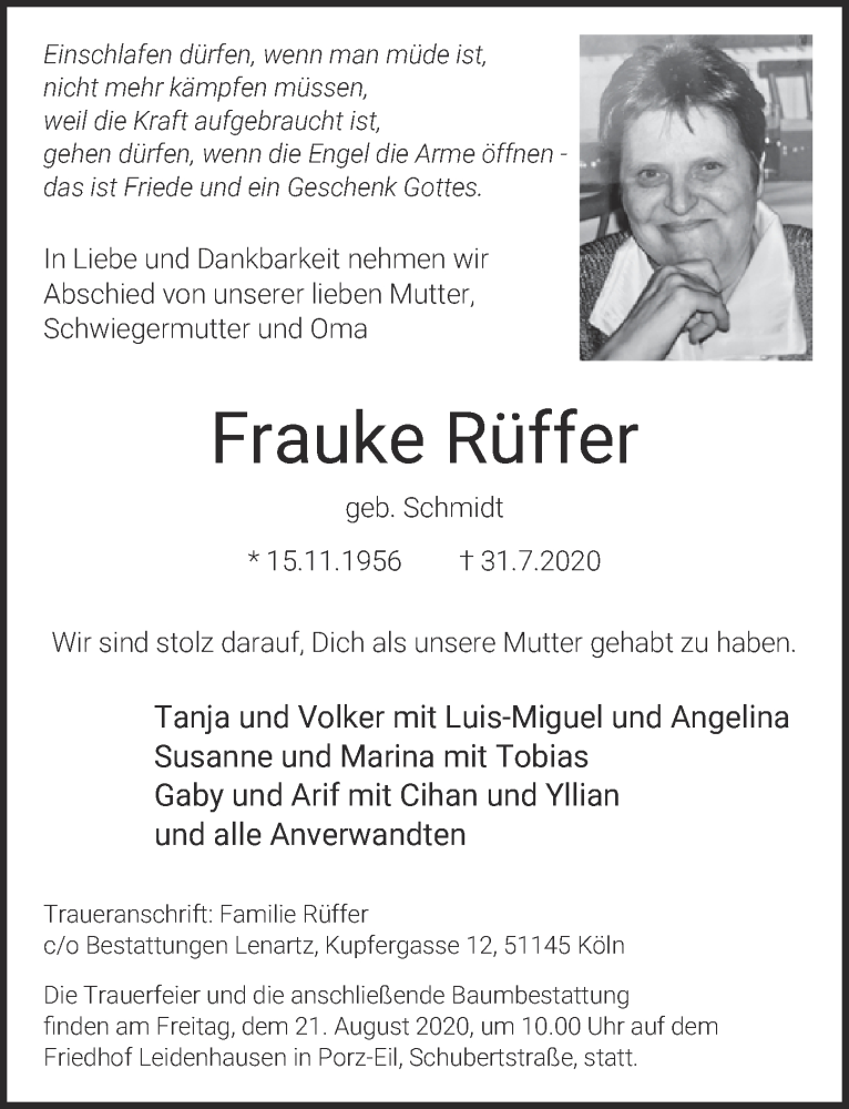  Traueranzeige für Frauke Rüffer vom 14.08.2020 aus  Kölner Wochenspiegel 