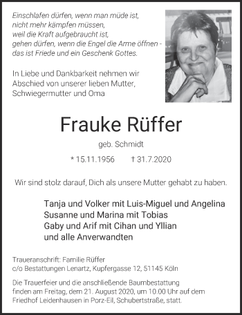Anzeige von Frauke Rüffer von  Kölner Wochenspiegel 