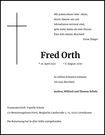 Anzeige von Fred Orth von Kölner Stadt-Anzeiger / Kölnische Rundschau / Express