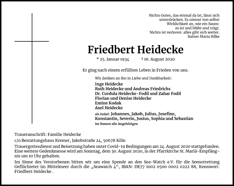  Traueranzeige für Friedbert Heidecke vom 29.08.2020 aus Kölner Stadt-Anzeiger / Kölnische Rundschau / Express