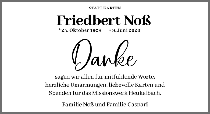  Traueranzeige für Friedbert Noß vom 14.08.2020 aus  Anzeigen Echo 