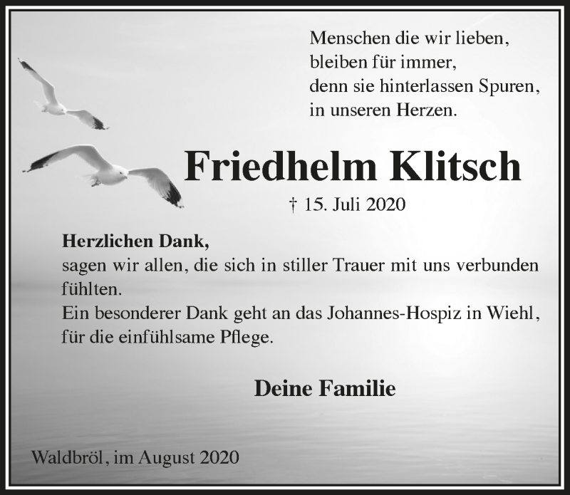 Traueranzeige für Friedhelm Klitsch vom 21.08.2020 aus  Lokalanzeiger 