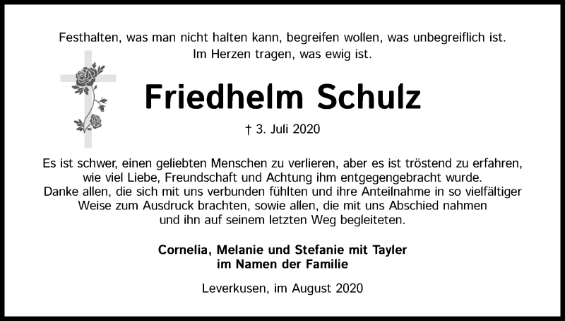  Traueranzeige für Friedhelm Schulz vom 01.08.2020 aus Kölner Stadt-Anzeiger / Kölnische Rundschau / Express