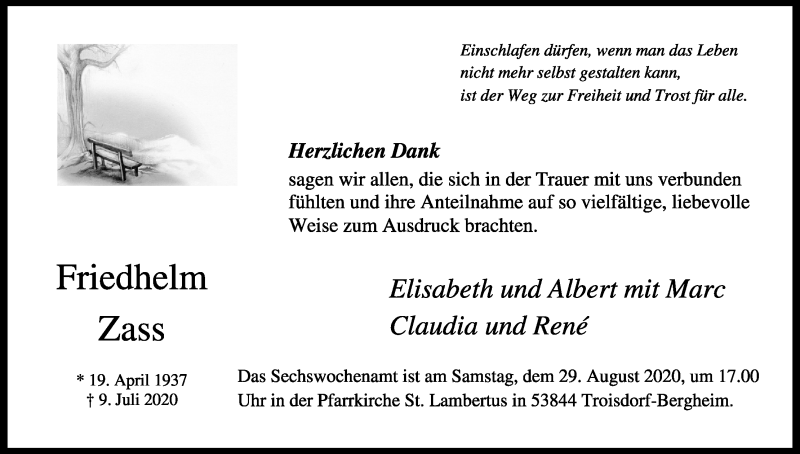  Traueranzeige für Friedhelm Zass vom 22.08.2020 aus Kölner Stadt-Anzeiger / Kölnische Rundschau / Express