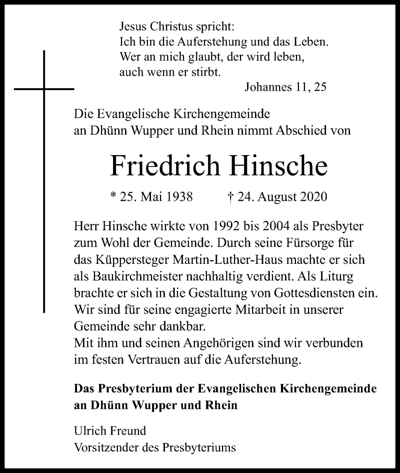  Traueranzeige für Friedrich Hinsche vom 29.08.2020 aus Kölner Stadt-Anzeiger / Kölnische Rundschau / Express