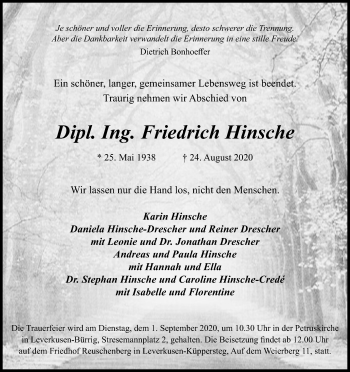 Anzeige von Friedrich Hinsche von Kölner Stadt-Anzeiger / Kölnische Rundschau / Express