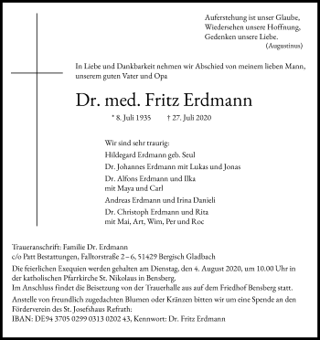 Anzeige von Fritz Erdmann von Kölner Stadt-Anzeiger / Kölnische Rundschau / Express