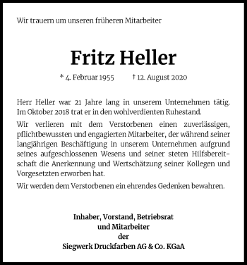 Anzeige von Fritz Heller von Kölner Stadt-Anzeiger / Kölnische Rundschau / Express