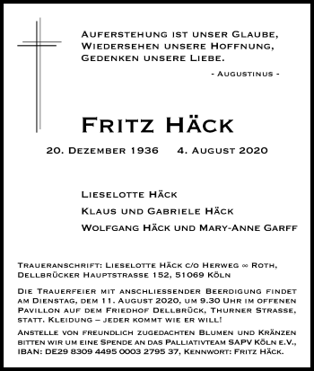Anzeige von Fritz Häck von Kölner Stadt-Anzeiger / Kölnische Rundschau / Express