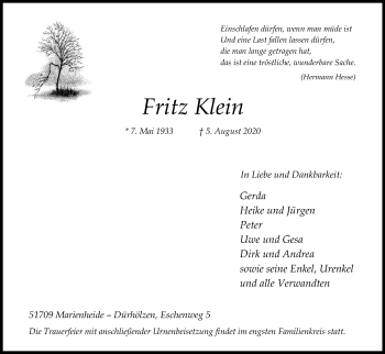 Anzeige von Fritz Klein von Kölner Stadt-Anzeiger / Kölnische Rundschau / Express